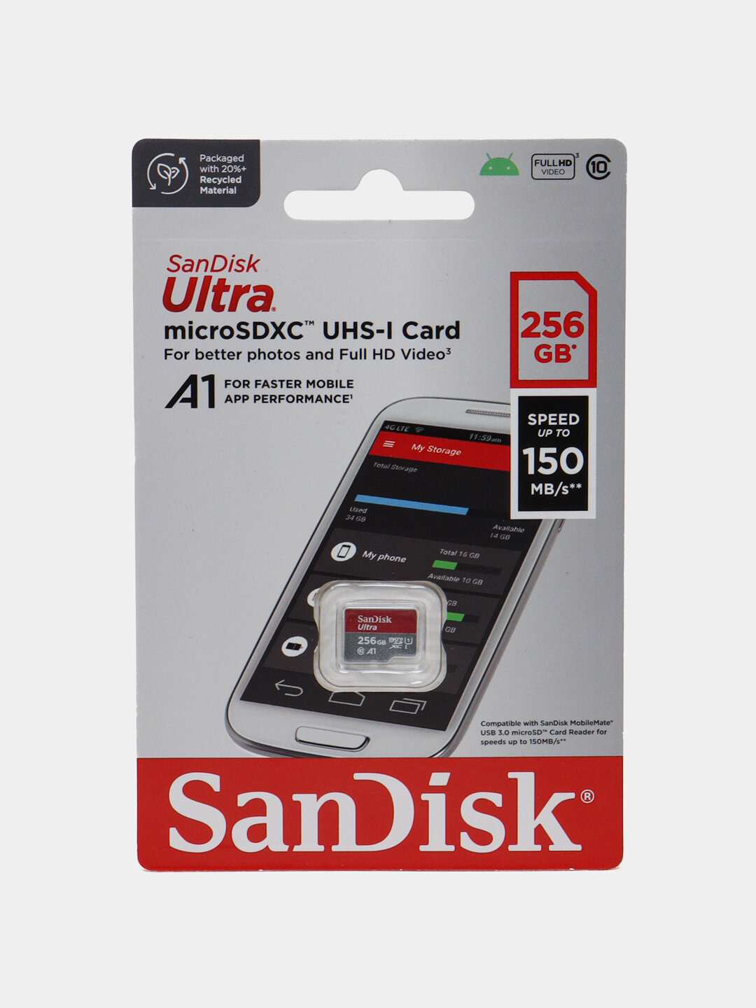 Карта памяти SanDisk Ultra, microSDHC, 256 ГБ, Class 10, 120MB/s
