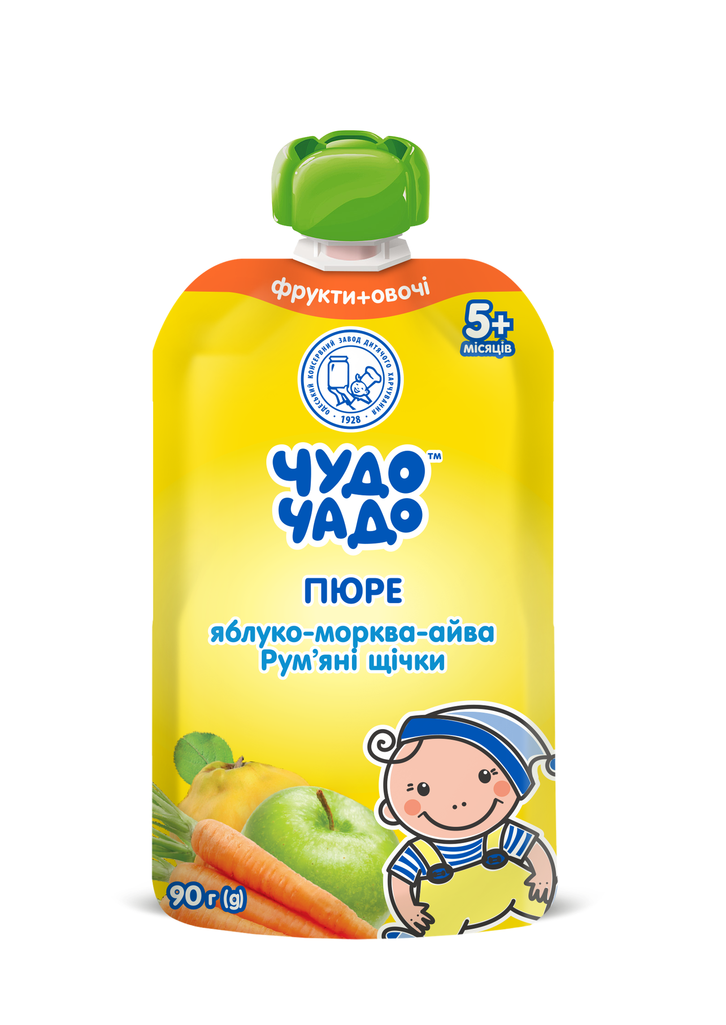 Фруктово-овощное пюре «Чудо-Чадо» яблоко-морковь-айва с сахаром и витамином С для детей с 5 месяцев, 90 г
