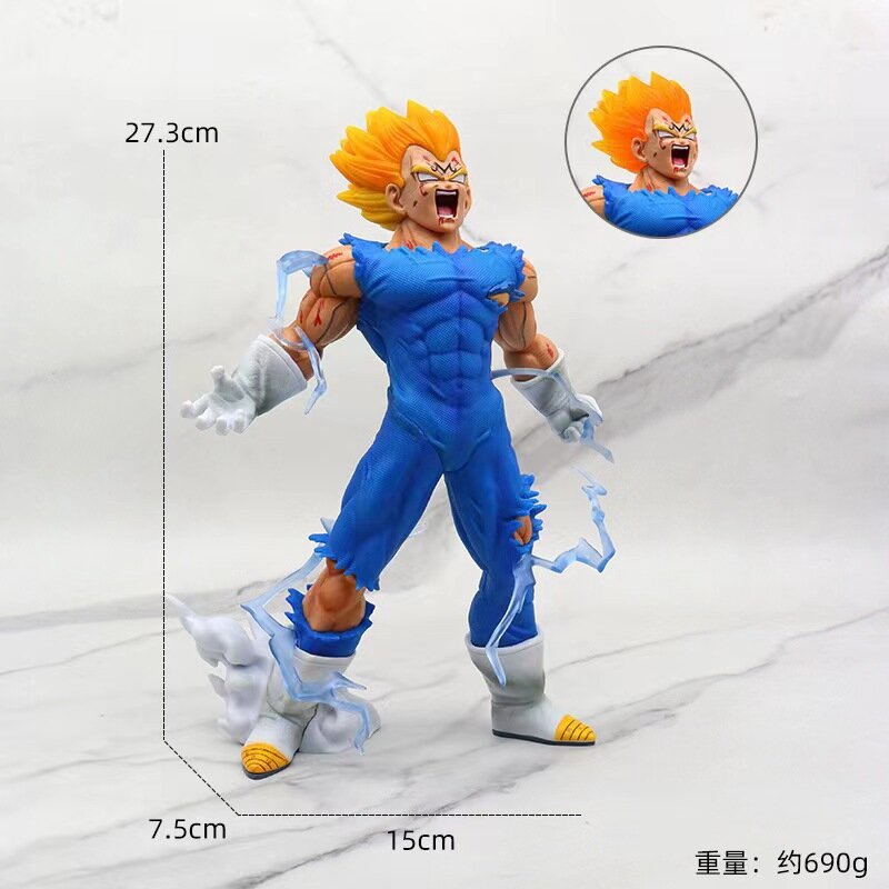 Фигурка Гоку из Dragon Ball, фигурка Гогеты в форме Супер Сайяна, фигурка Веджито с повреждениями в бою (из манги/аниме), сопутствующие товары.