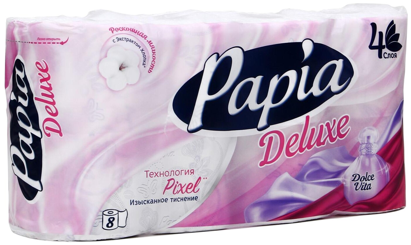 Картинки Туалетная бумага Papia Deluxe Dolce Vita, ароматизированная, белая с рисунком, тиснением и перфорацией, 4 слоя, 8 рулонов
