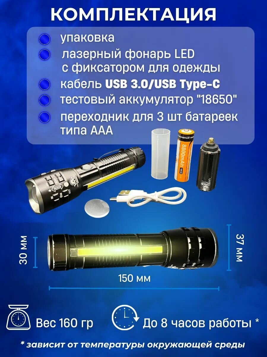 Ручной фонарь, со сменным аккумулятором 18650 — фото 1