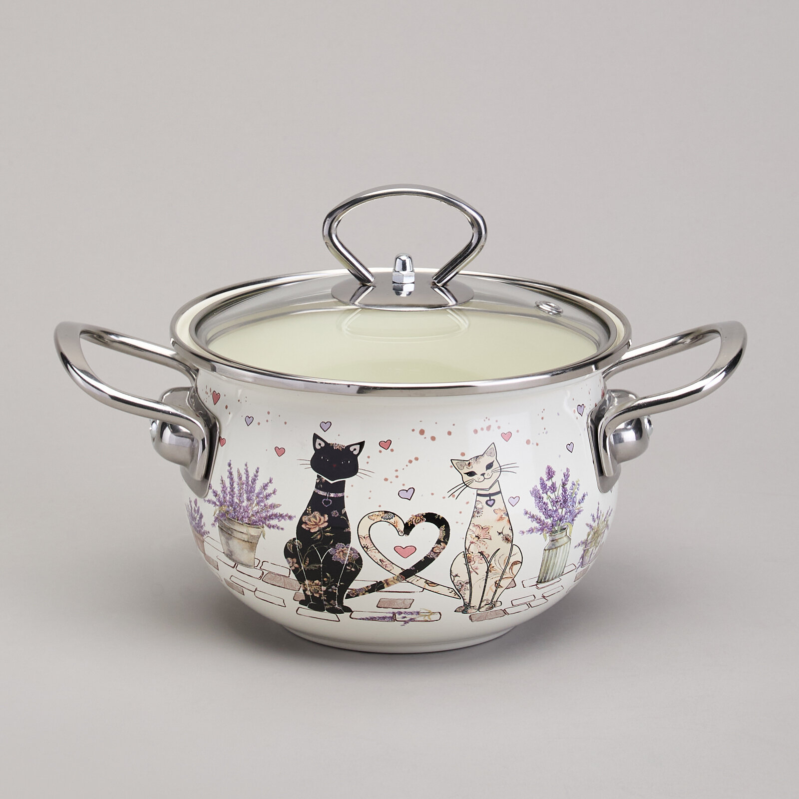 Кастрюля эмалированная с крышкой 943-075 agness серия lavander cats, 1,5 л