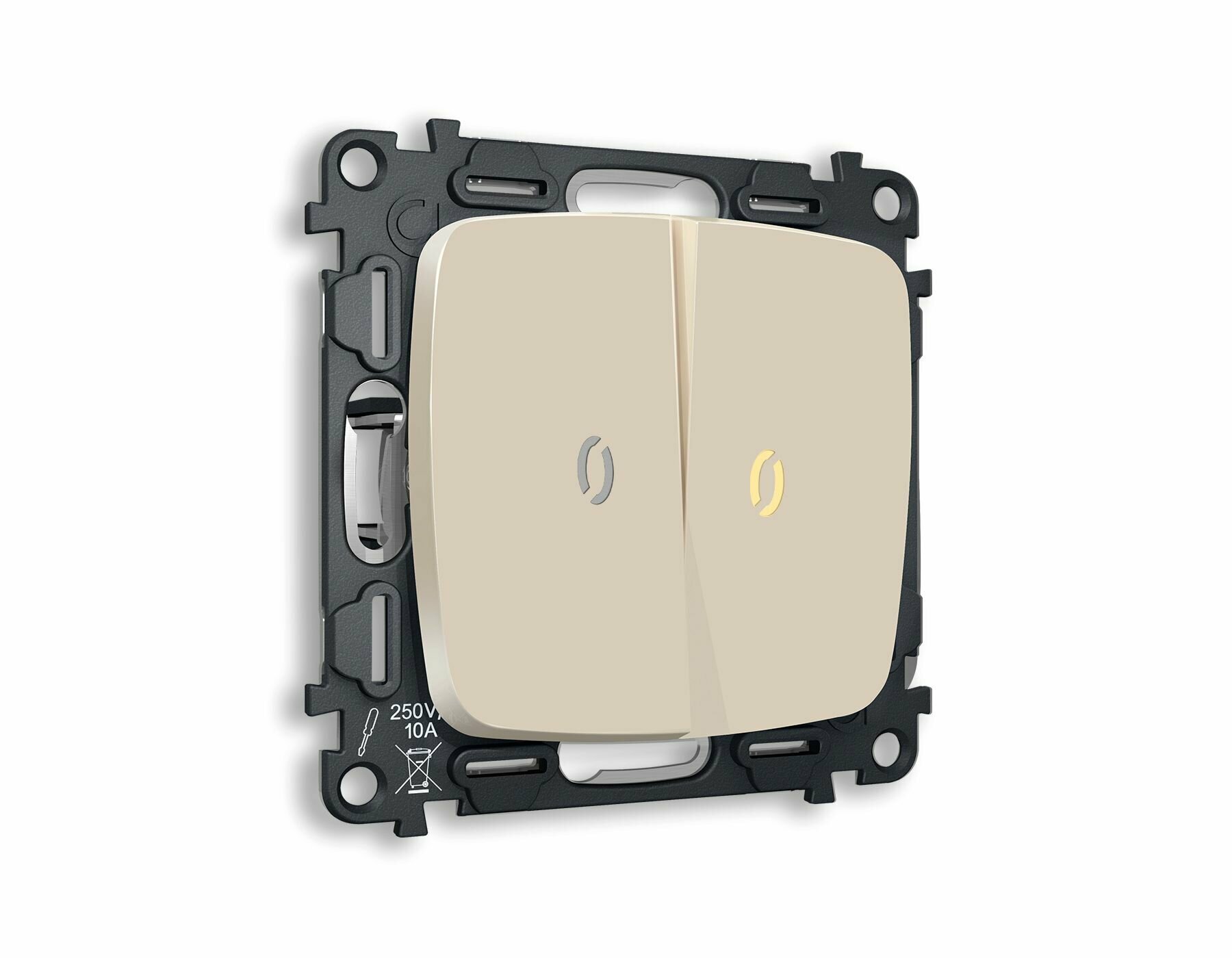 Комплект механизма 2-клавишного проходного выключателя с подсветкой 3200K Ambrella Volt OBEGA MO324030 Бежевый матовый QUANT