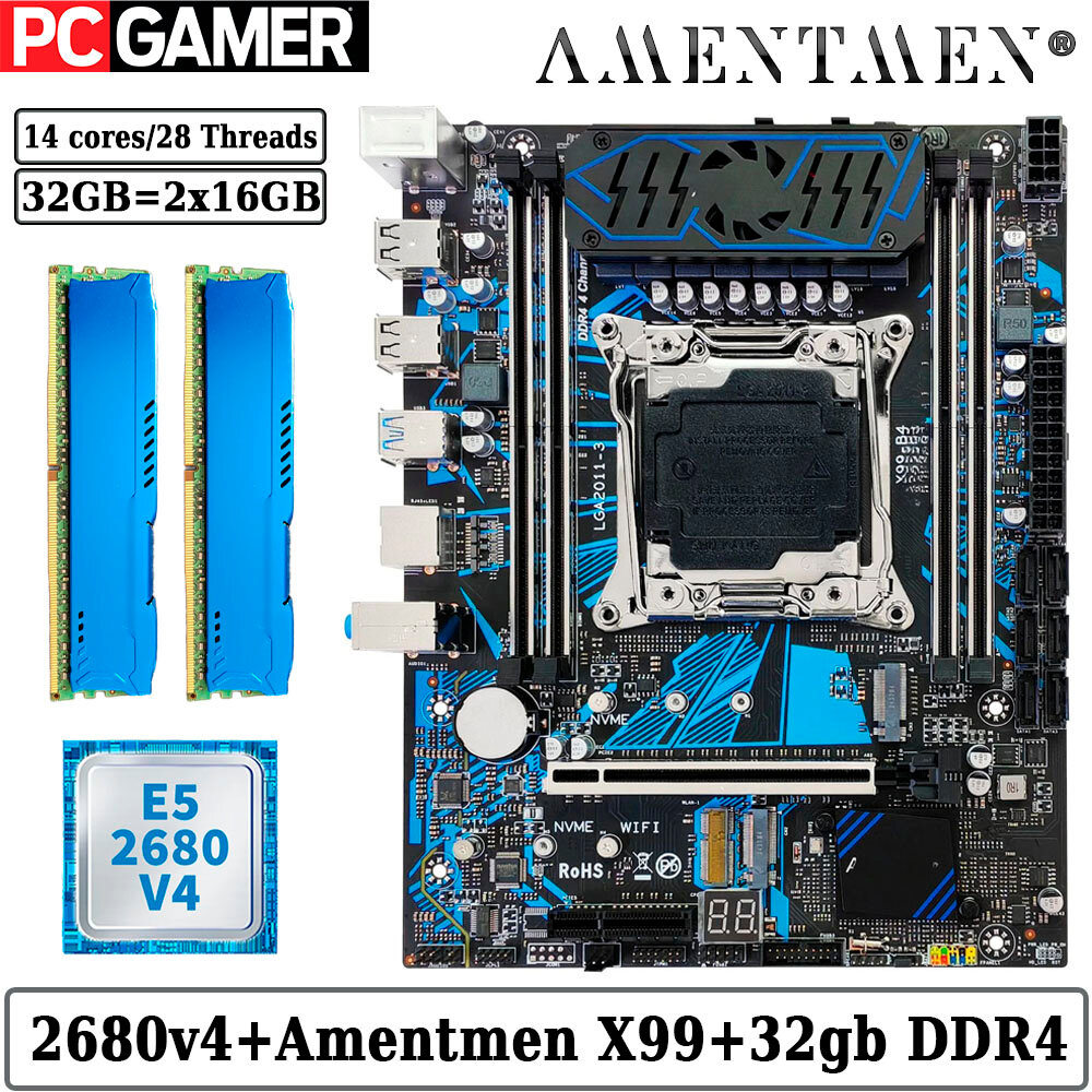 Комплект материнская плата Amentmen X99-B4 + Xeon 2680V4 + 32GB DDR4 ECC REG 2x16GB Blue