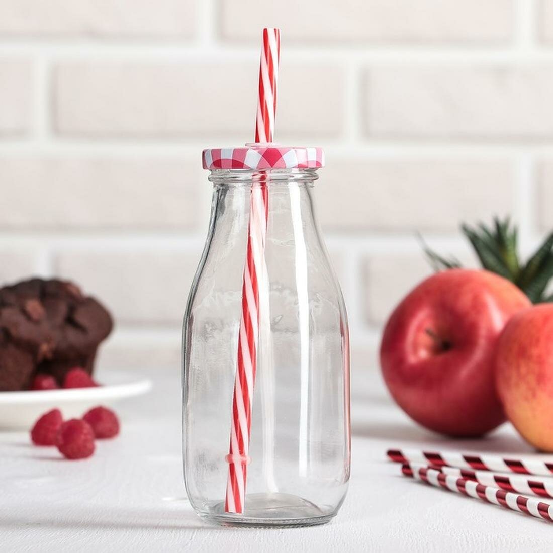 Бутыль стеклянная с крышкой и трубочкой «Лаконичность» 300 мл 65×155 см цвет микс