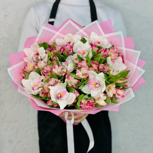 Изображение товара Букет Rybe-Flowers "Альстромерия", из альстромерий, белых орхидей, сборный, розовый