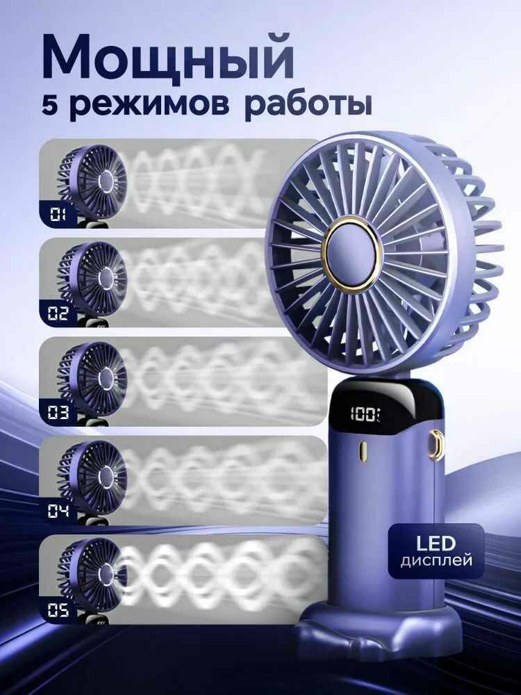 Портативный складной USB-вентилятор с цифровым дисплеем, 5 скоростей, время работы 7-12 часов, подставка для телефона / синий — фото 1