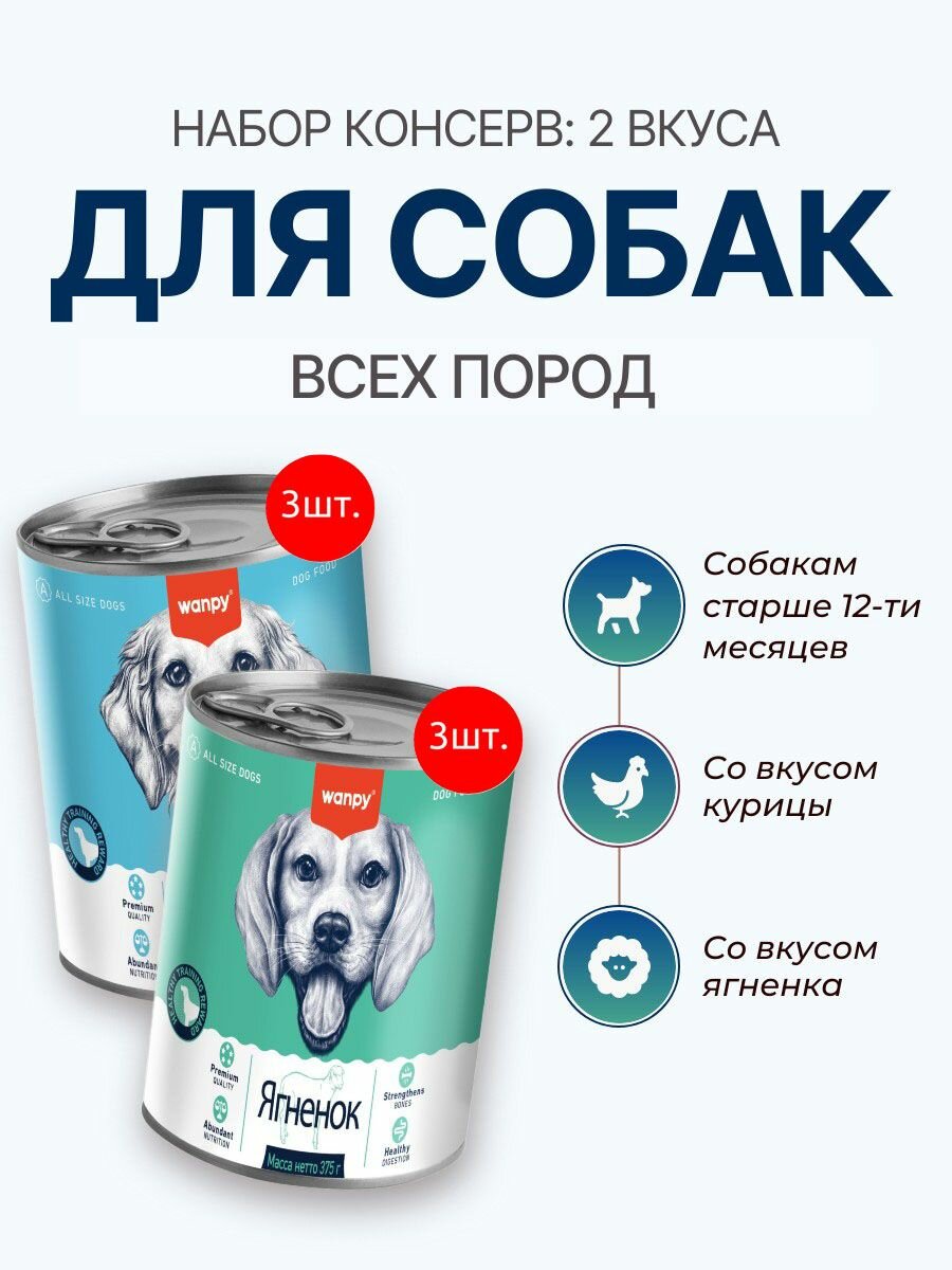 Набор влажного корма Wanpy Dog: 1125 г (3 упаковки по 375 г) + 1125 г (3 упаковки по 375 г). Консервы для собак. Курица + Ягнёнок. Ванпи Дог