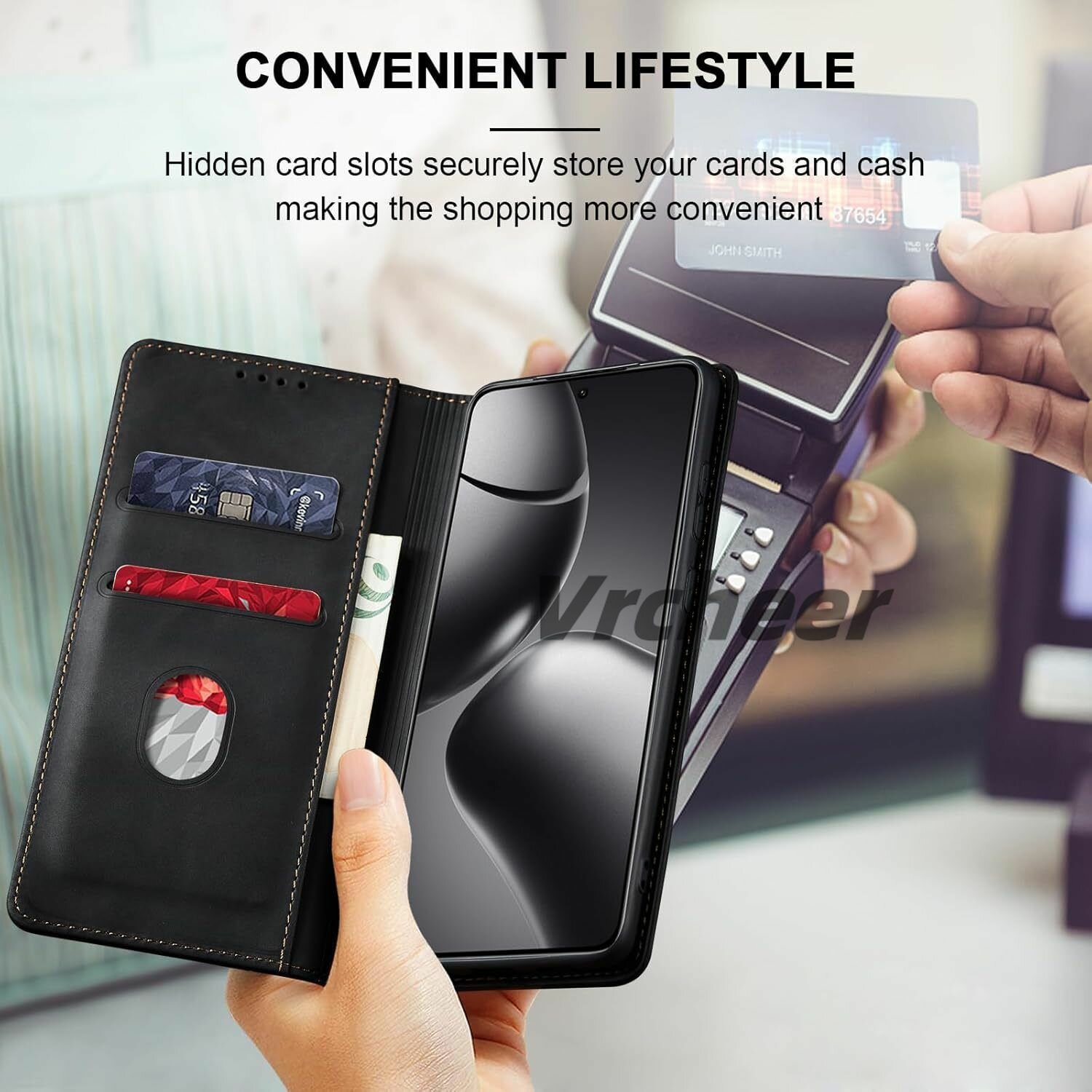 Изображение Кожаный книжка чехол для Xiaomi 14T Pro (Сяоми 14T Про, Ксиаоми 14T Про) с функцией подставки(черный)