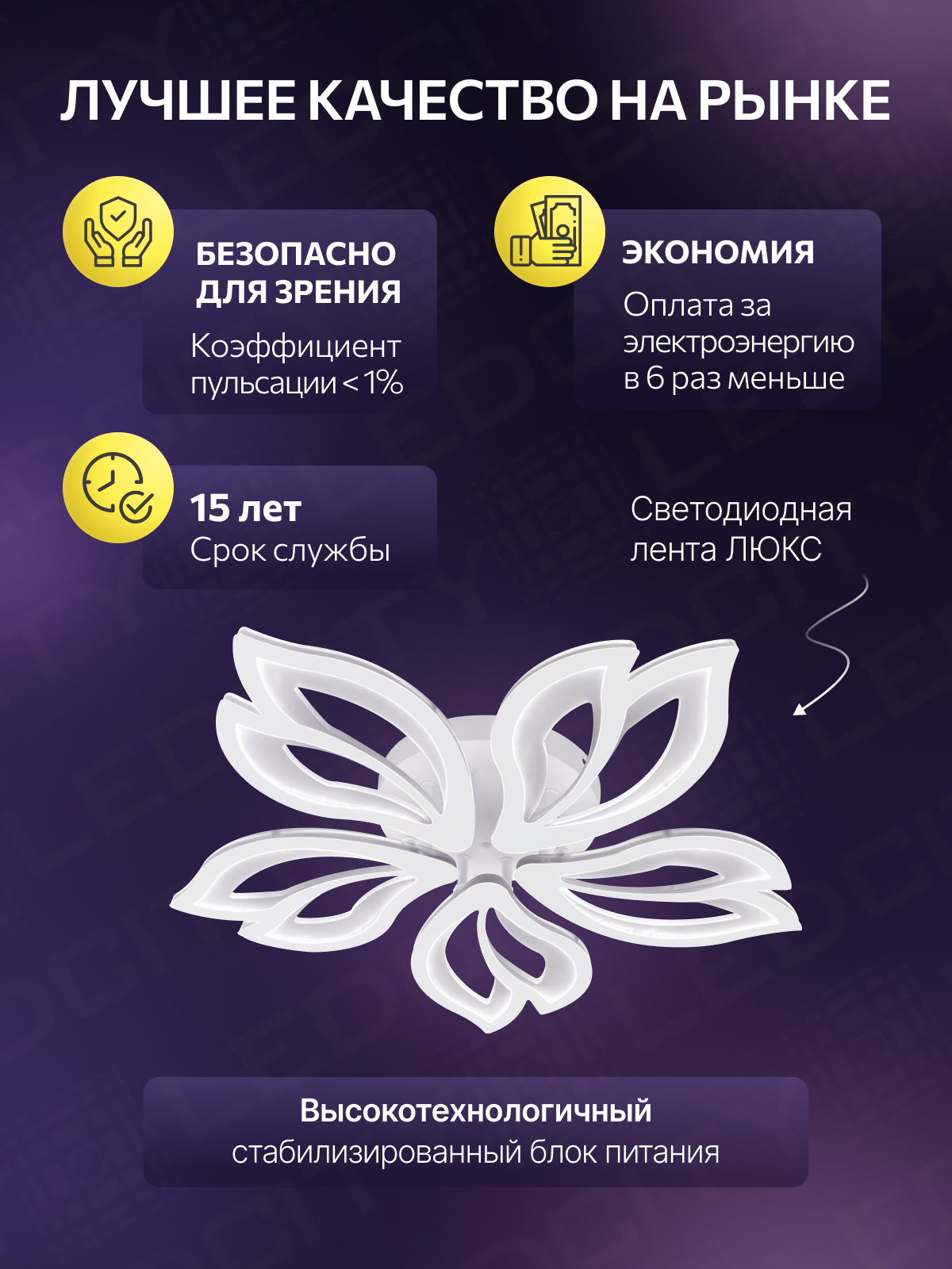 Люстра с пультом светодиодная потолочная 100W, 5 ламп, цветок, большая, белая, LEDCITY — фото 1