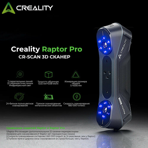 3D-сканер Creality CR-Scan Raptor Pro для 3D-печати. ​​Ручной сканер с точностью 0,02 мм. Синий свет, отслеживание стабилизации. Скорость сканирования до 60 кадров в секунду для объектов размером 5–2000 мм для Windows Mac