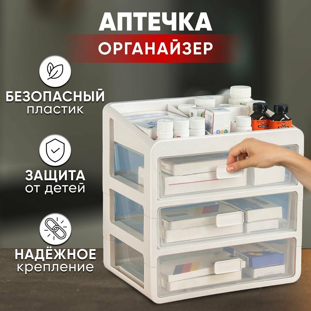 Органайзер для лекарств Oqqi аптечка домашняя большая контейнер пластик белый 198х275х295 см