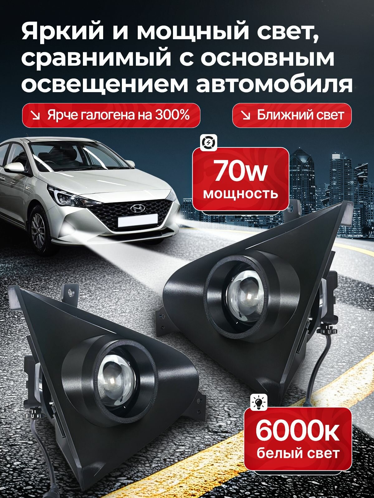 Противотуманные фары ПТФ Hyundai Solaris 2 рестайлинг (2020-2022) 70Вт — фото 1