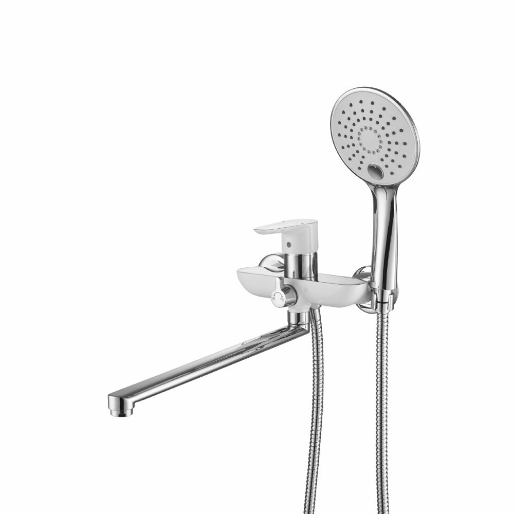 Смеситель для ванны с душем и длинным поворотным изливом GROSS AQUA Space латунь хром белый 7515288CW-35L(F)