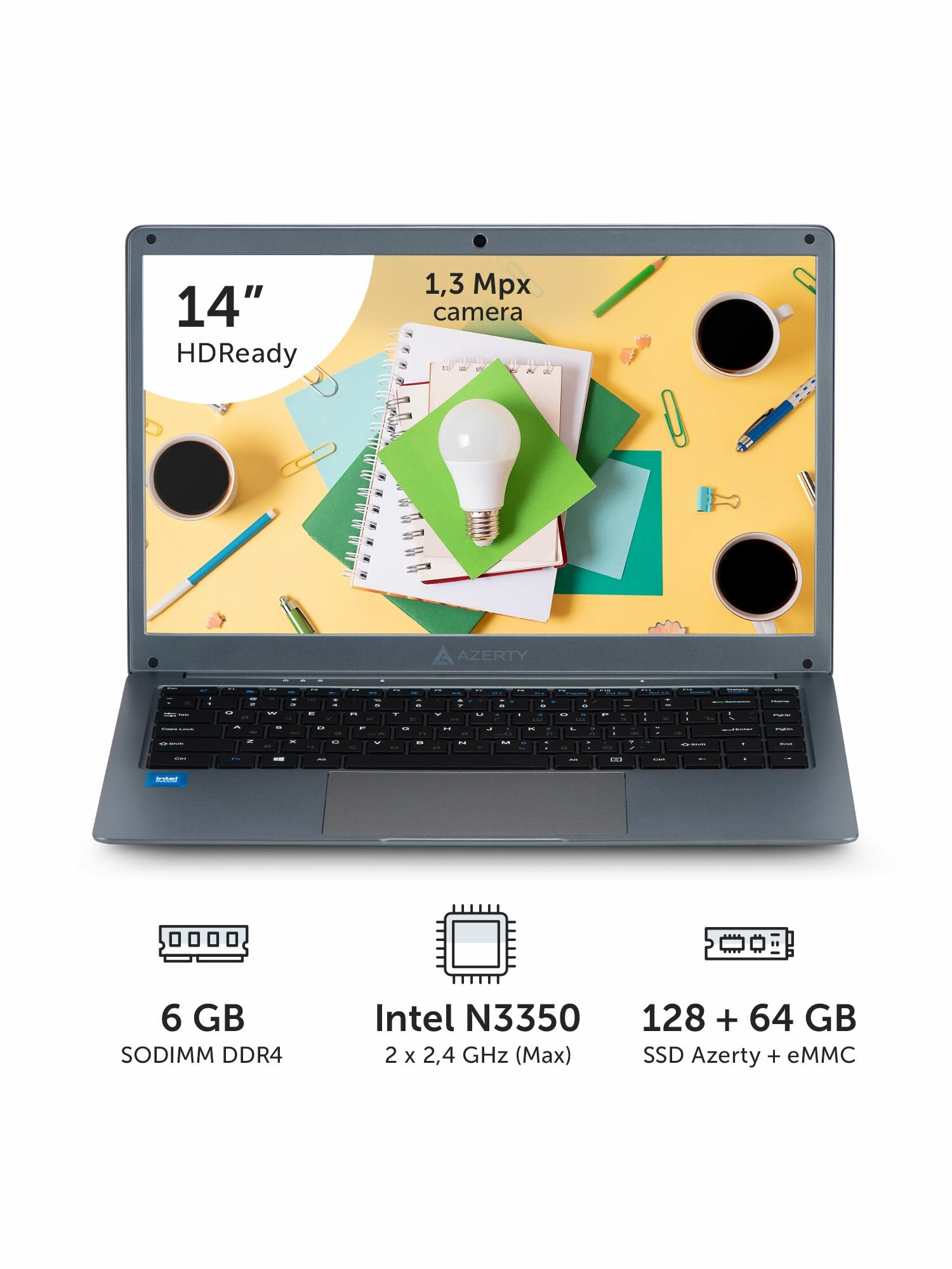 Ноутбук Azerty AZ-1406 (14" TN 1366x768, Intel N3350 2х1.10GHz, 6Gb DDR4, 64Gb eMMC+128Gb SSD)