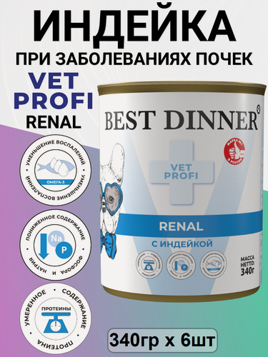 Изображение товара Влажный диетический корм Best Dinner Vet Profi Renal для собак при заболевании почек Индейка 6шт х 340 г