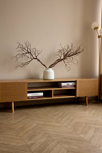 Изображение товара Тумба под телевизор Сканди - 2 (1.2) размеры ш180*в47*г35. Корпус Дуб Вотан / Фасады МДФ Дуб светлый.