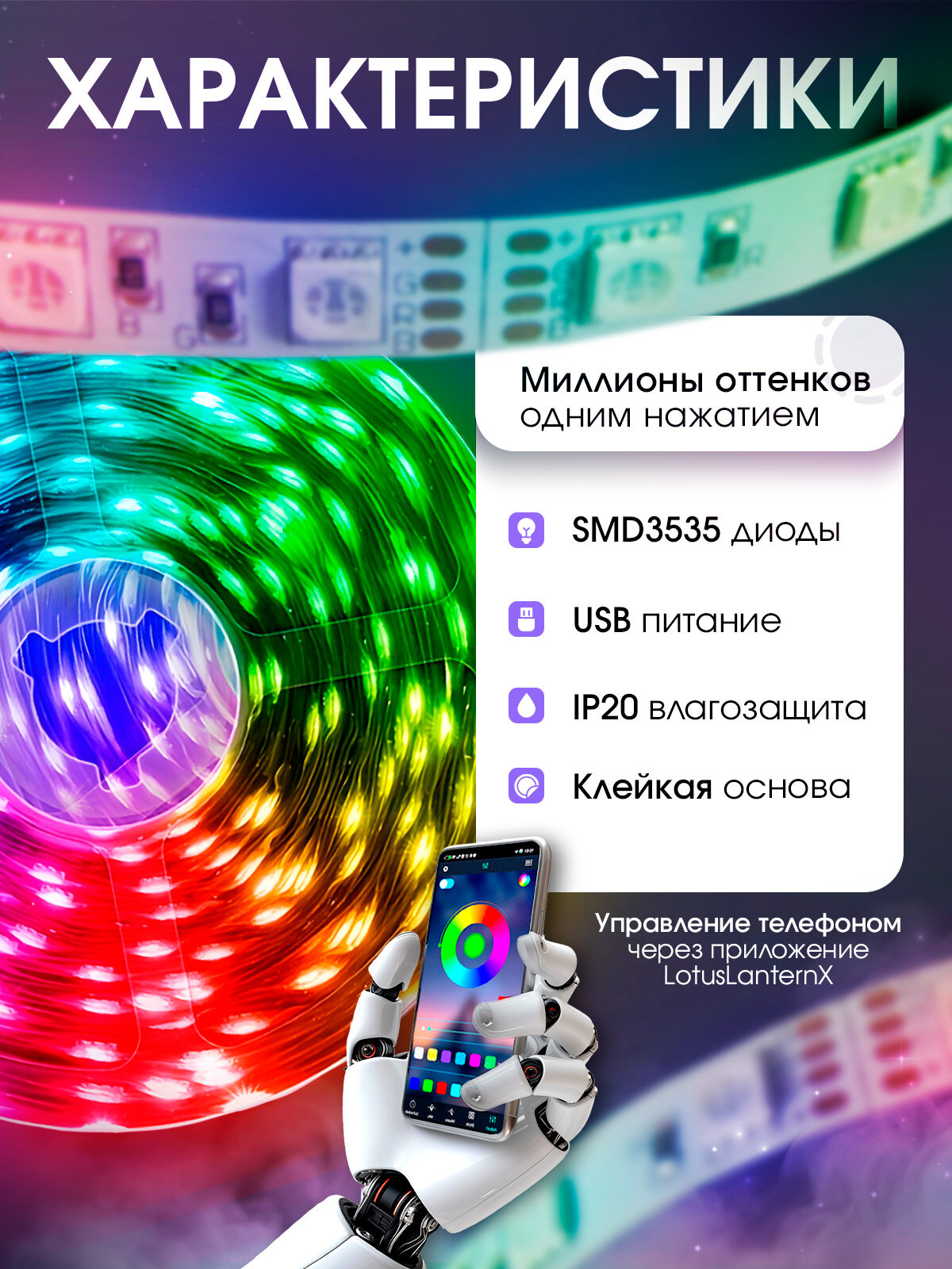 Светодиодная лента с USB контроллером Bluetooth длиной 5 метров Огонёк OG-LDL52 — фото 1