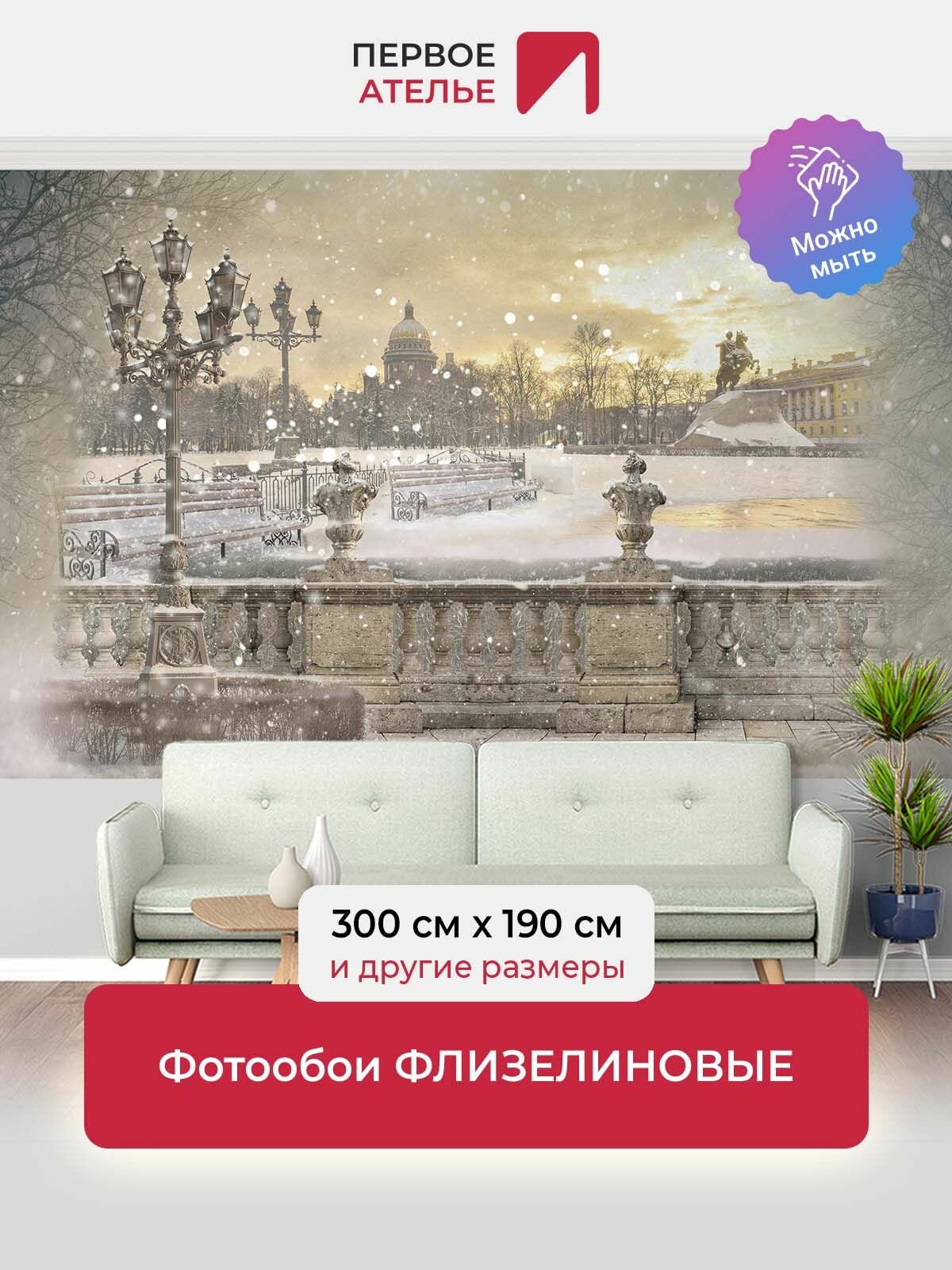 Фотообои на стену флизелиновые город первое ателье "Город Санкт-Петербург зимой, вид с набережной на Медного Всадника" 300х190 см (ШхВ), моющиеся, Premium