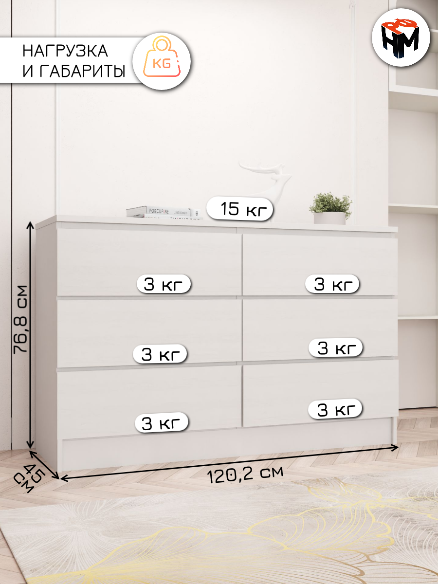 Комод для одежды Челси, 120,2х76,8х44,5 см, 6 ящиков, белый глянец, белый — фото 1