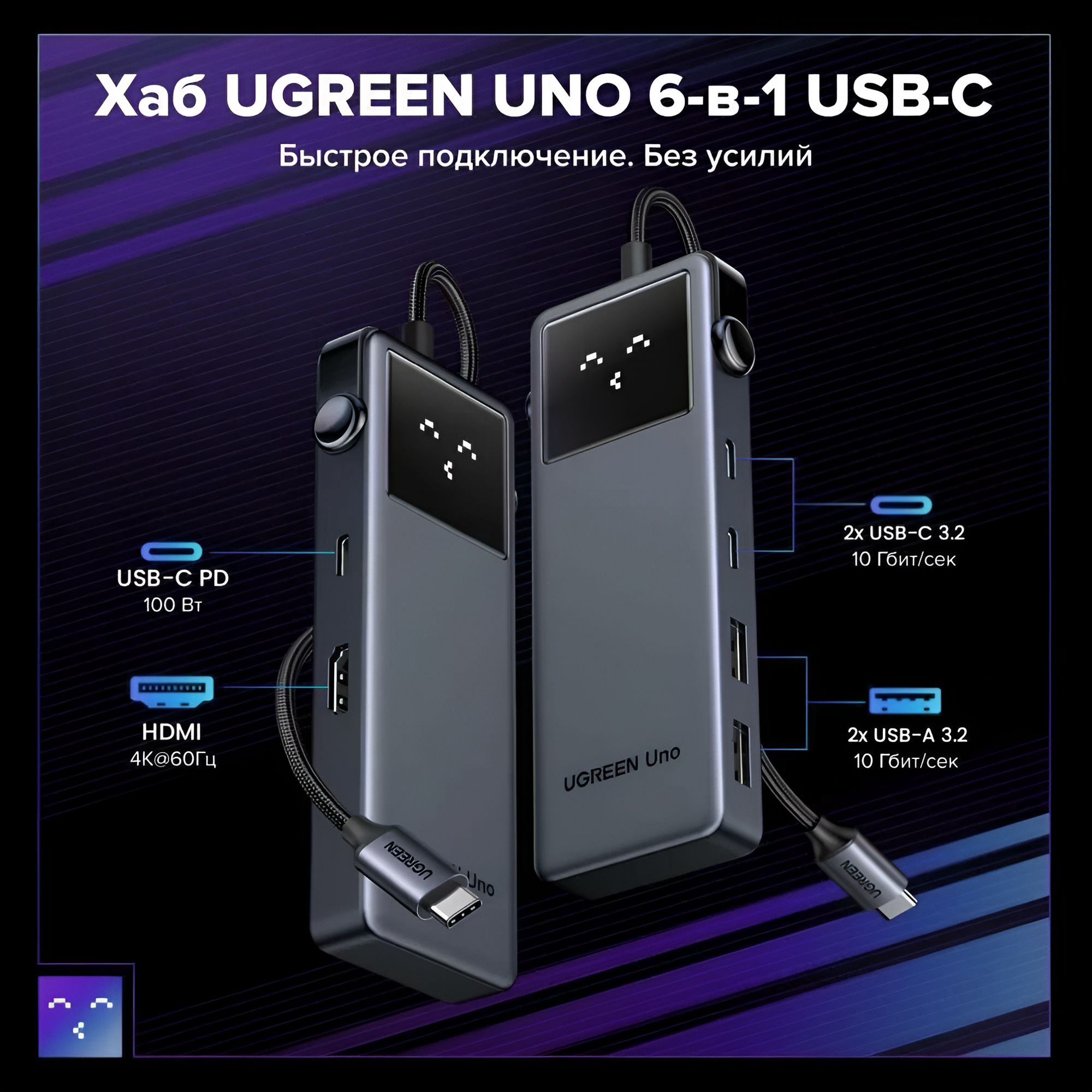 Док-станция UGREEN CM888-35998 UNO 6-IN-1 USB-C to HDMI(4K@60Hz)+2*USB 3.2 A+2*USB 3.2 C+PD100W Gray