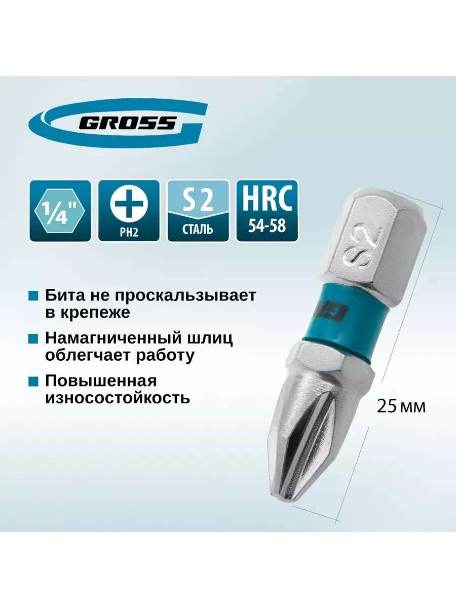 Набор бит для шуруповерта PH2 х 25 S2 10 штук GROSS 11330