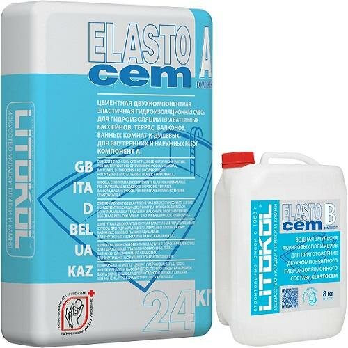 Гидроизоляция Цементная 2-х комп. Litokol Elastocem 24кг + 8кг Компонент А + B для Внутренних и Наружных Работ.