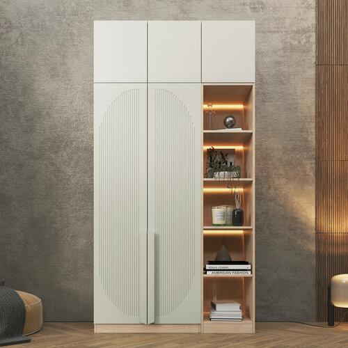 Изображение товара Шкаф Агератум МДФ двухсекционный с антресолью и стеллажом Лайн керамика / Дуб Сонома NOW 150*50*260 см Фиеста