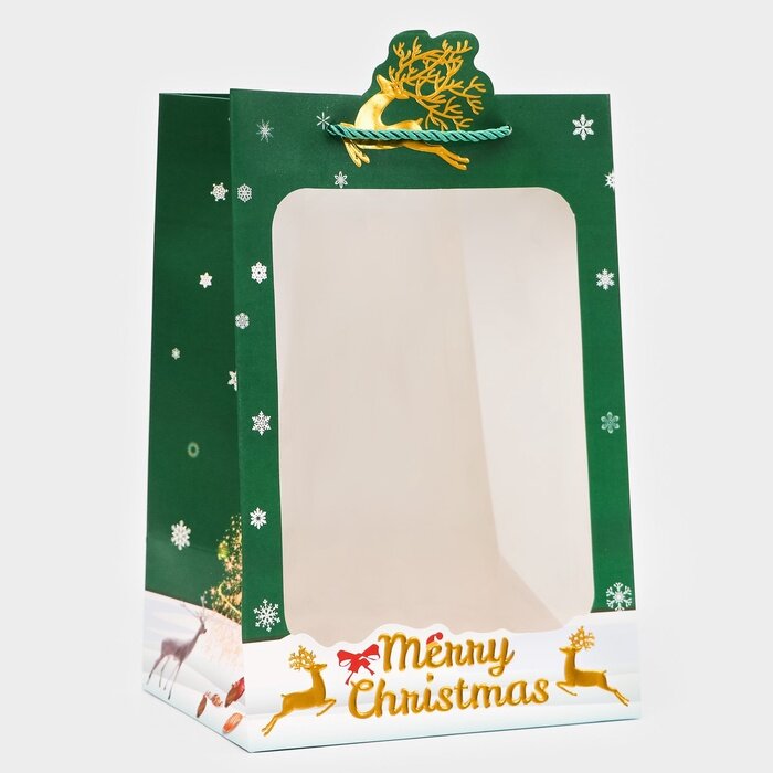 Пакет подарочный ламинированный с окном «Новый год» тиснение 30×20×16 см зеленый