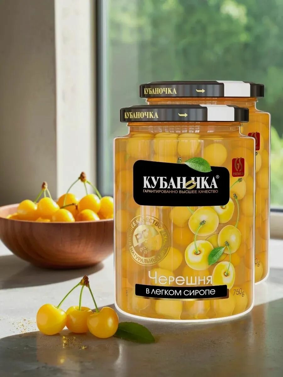 Кубаночка Черешня желтая в легком сиропе 750г. (Набор 2шт)