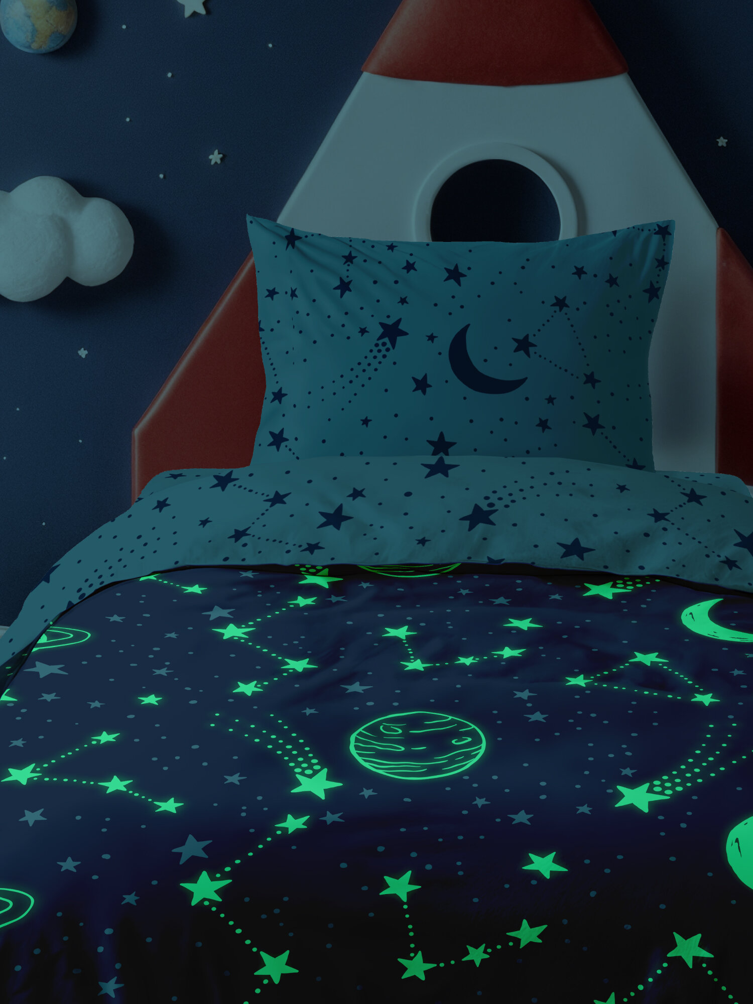 Juno, Комплект детского постельного белья 1 5 спальный, Поплин, 1 нав. 70х70, NEON/неон, Космос Звездное небо светится в темноте — фото 1