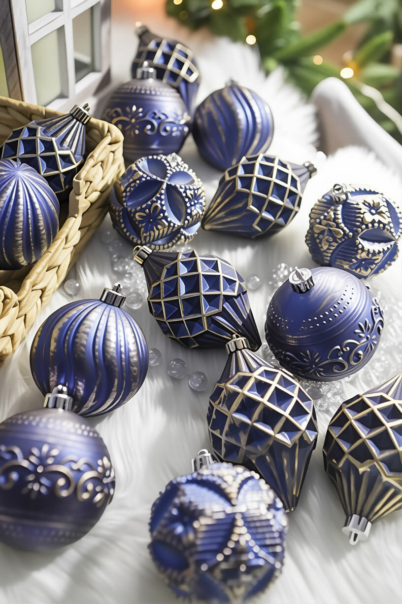 Набор пластиковых шаров бэль вэстито, пластик, синий с золотым, 8 см, упаковка 16 шт, Winter Deco 220023