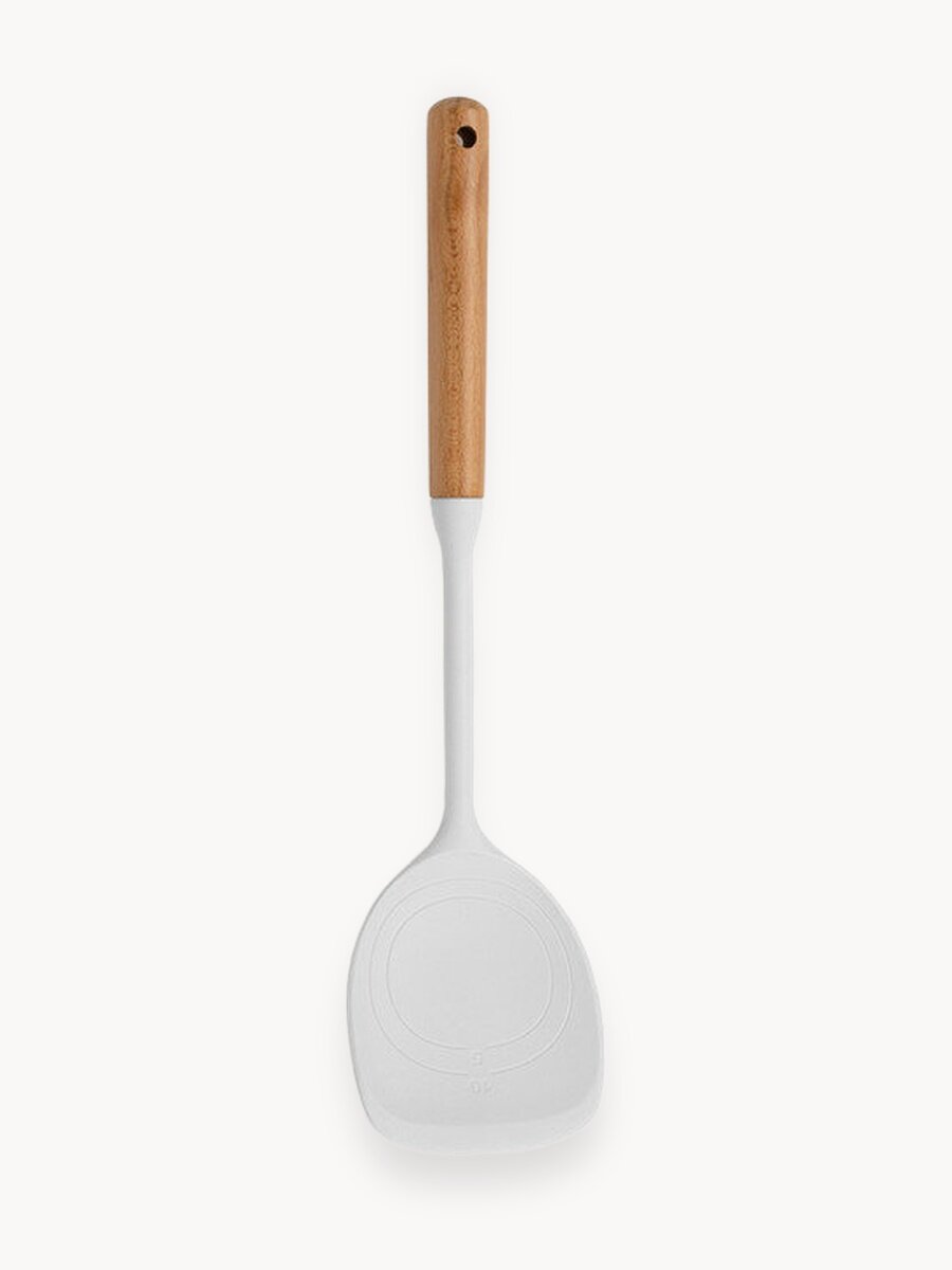Лопатка кулинарная DeNASTIA с деревянной ручкой 33,5x8,5см, силикон+бук, цвет светло-серый