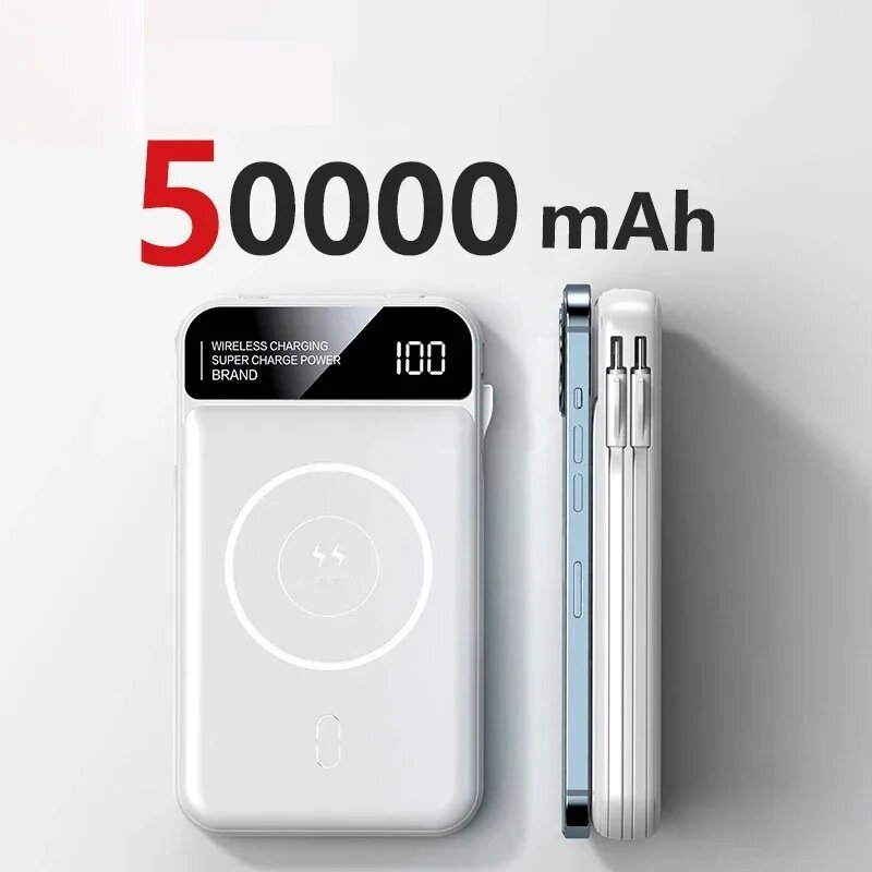 Xiaomi Power Bank 50000 мАч Беспроводная зарядка Magsafe Power Bank Магнитная зарядка Встроенный провод Аккумулятор мобильного телефона для Iphone, White 50000mAh