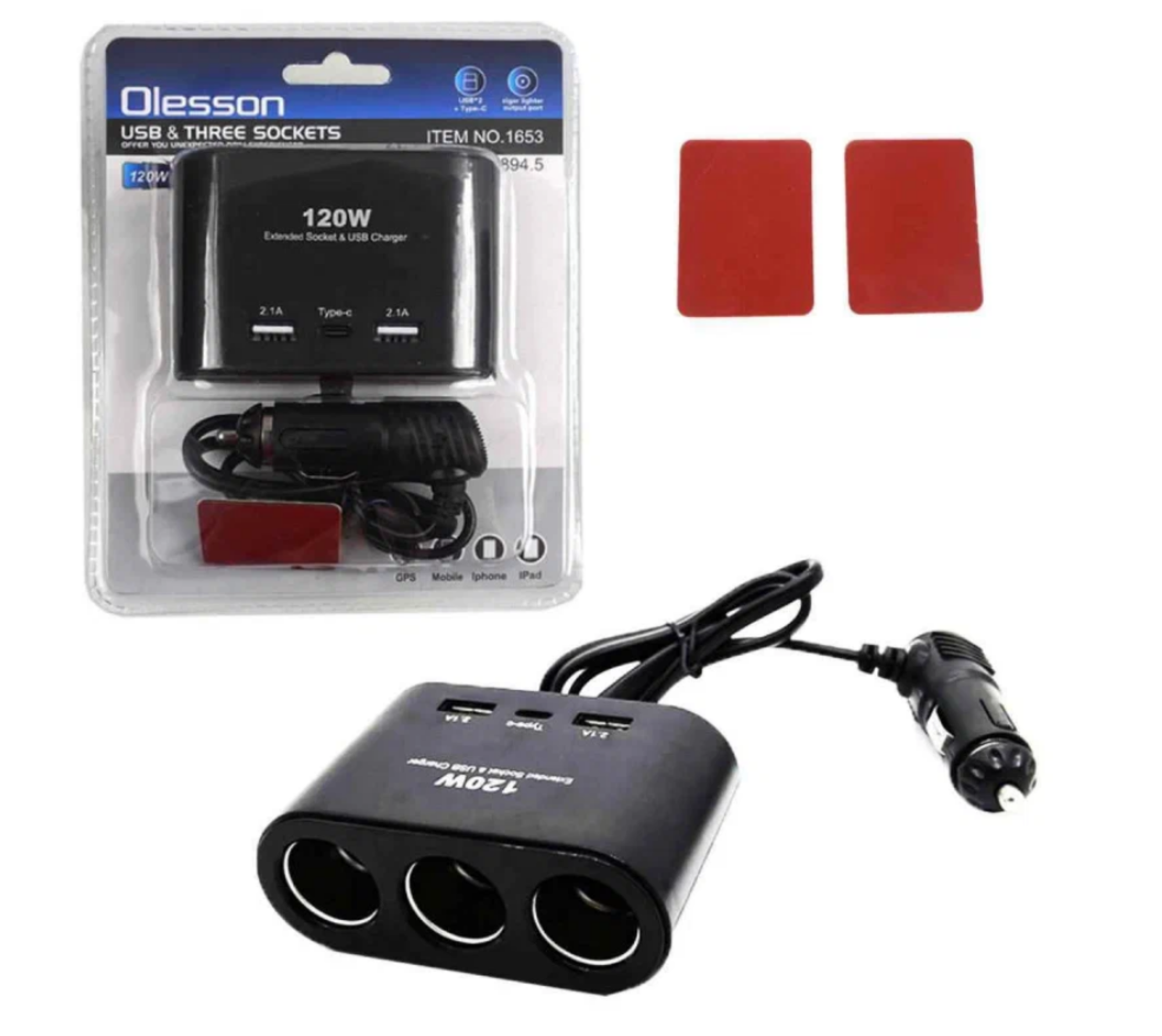 Автомобильный разветвитель Olesson 1653, 12/24V, на проводе, 3 выхода, 2USB, Type-C, 5В,120 Вт