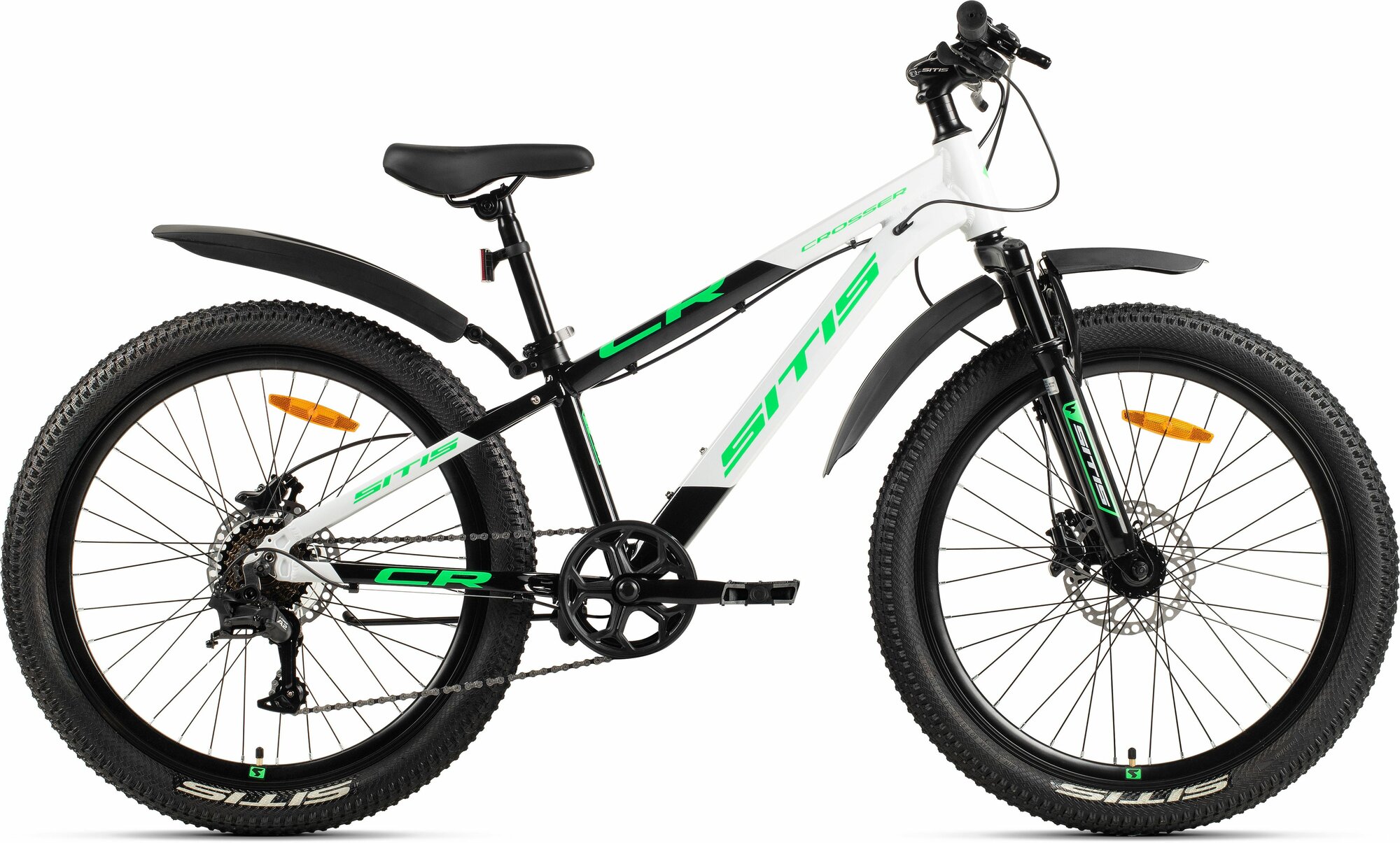 Велосипед горный SITIS CROSSER 7SP HD 24"(2025)White-Black-Green, для подростков на рост 130-150см, алюминиевая рама 12"