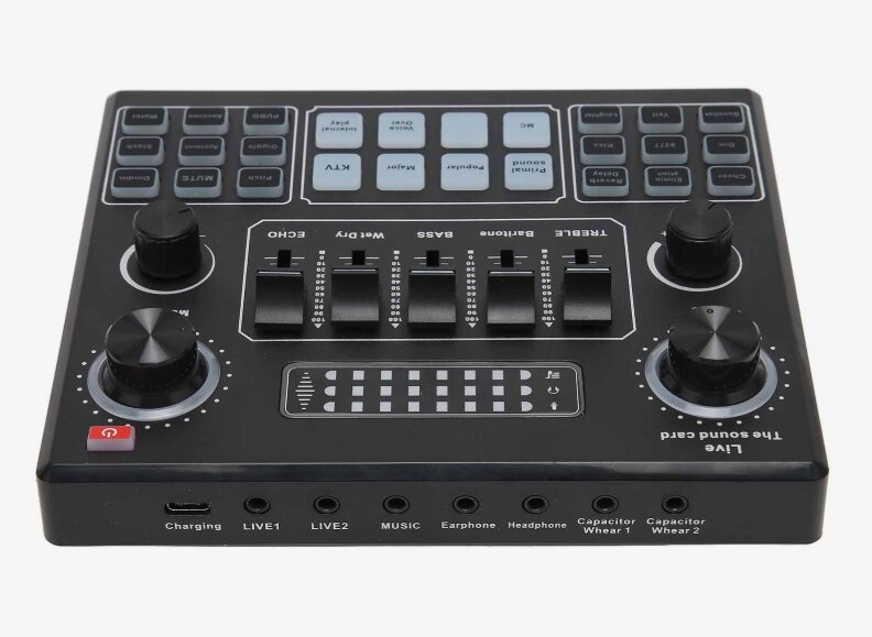 Звуковая карта Bom "V9", микшер 16 эффектов, Bluetooth, проводное подключение для стримов, подкастов, блогеров, интервью, вокала — фото 1