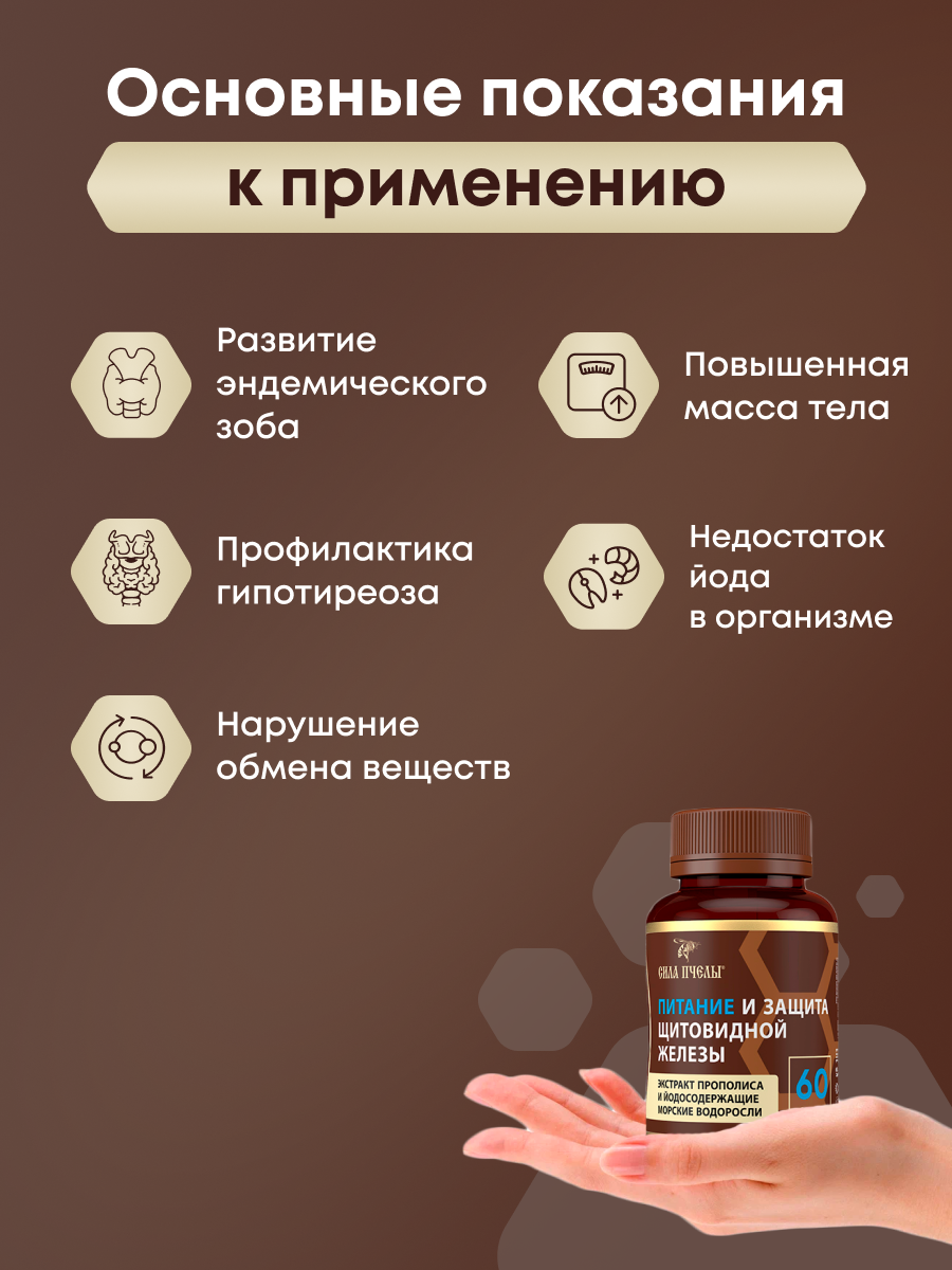 Картинки Экстракт прополиса Сила Пчелы, для Щитовидной Железы, с Йодом, Таблетки, 60 шт