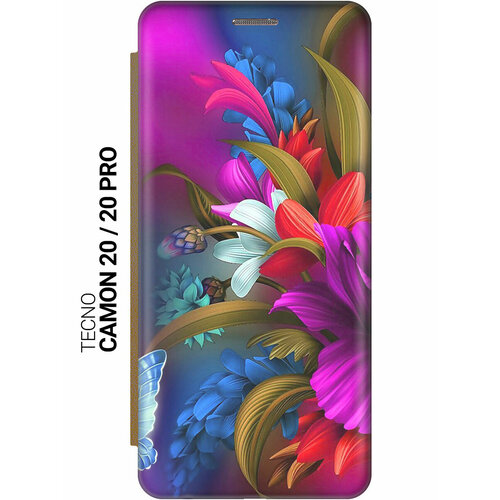 фото Чехол-книжка на tecno camon 20, 20 pro, техно камон 20, 20 про c принтом "фантастические цветы" золотистый slvgo
