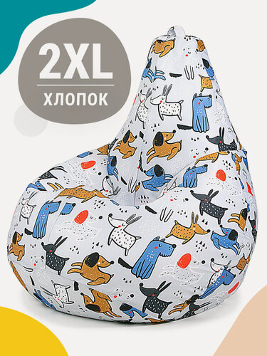 Изображение товара Кресло мешок MyPuff, бескаркасное кресло, пуфик мешок, размер ХXL, мебельный хлопок, Веселье собачки