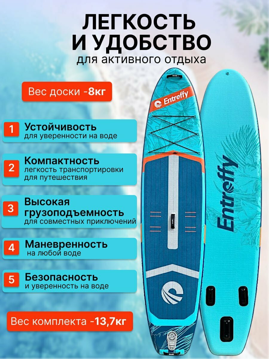 Сапборд Entroffy надувной двухслойный, 350 см 180 кг, голубой, с веслом, Supboard, SUP доска для отдыха и рыбалки — фото 1