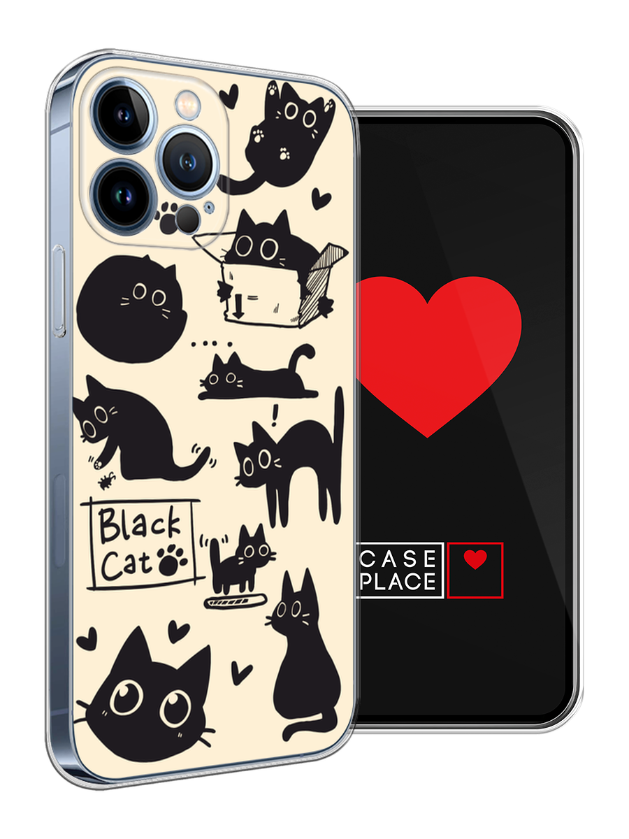 Чехол на Apple iPhone 13 Pro Max / Айфон 13 Про Макс с принтом Чёрный котик рисунки — фото 1