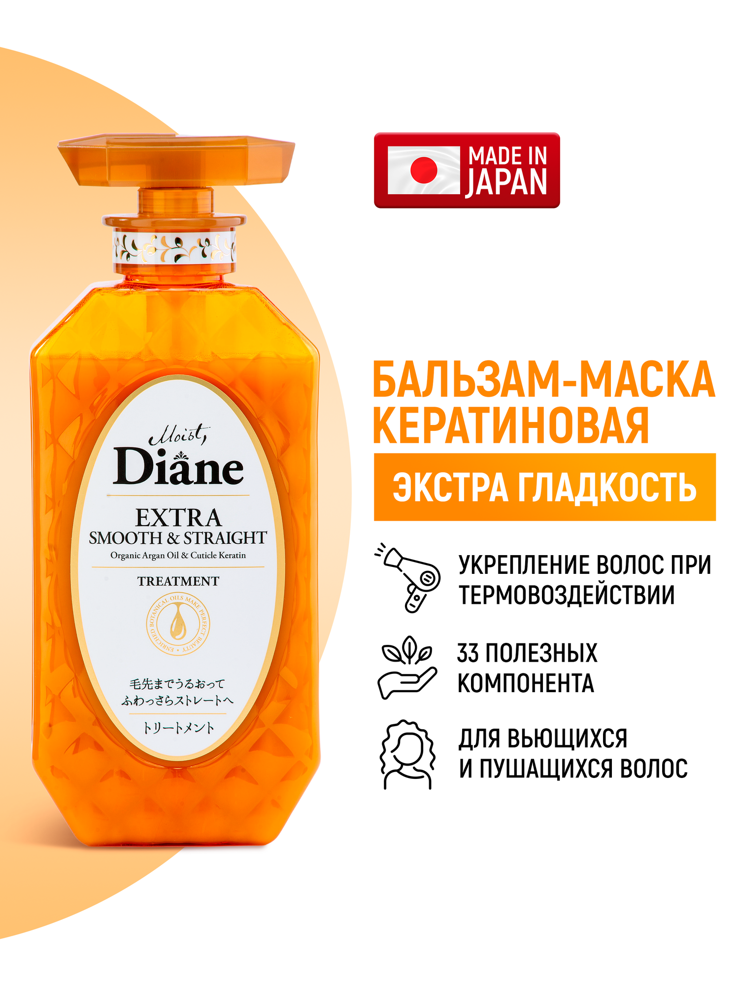 Moist Diane Бальзам-маска кератиновая Perfect Beauty "Гладкость" / Кондиционер разглаживающий для вьющихся и непослушных волос / С керамидами и аргановым маслом (Япония) 450 мл