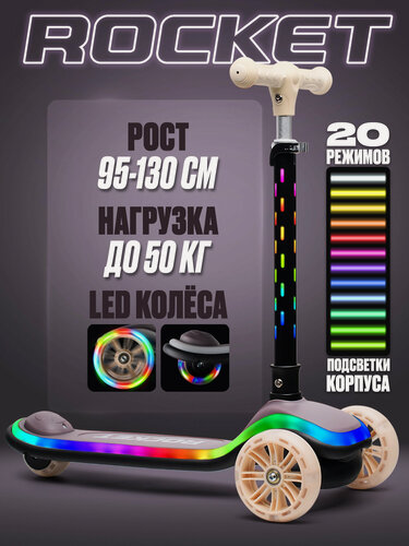Изображение товара Самокат трёхколёсный R0200 ROCKET светящиеся колеса PU, светится дека и рулевая стойка (20 режимов)