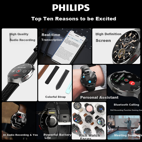 PHILIPS Smart Watch Business Meeting Recorder Multi-function Watch Real-time Transcription Translation APP Message Push Bluetooth Call Conference Summary AI Recording Watch R10