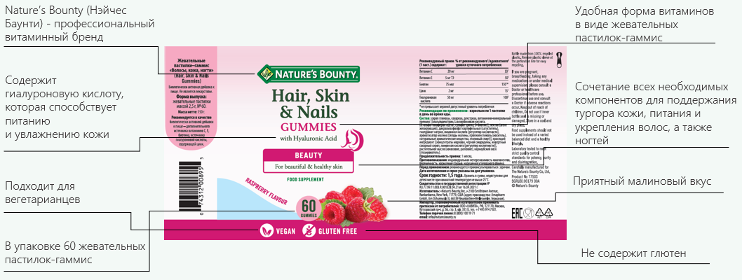 Картинки БАД Nature's Bounty Жевательные пастилки-гаммис "Кожа, волосы, ногти", 60 шт.