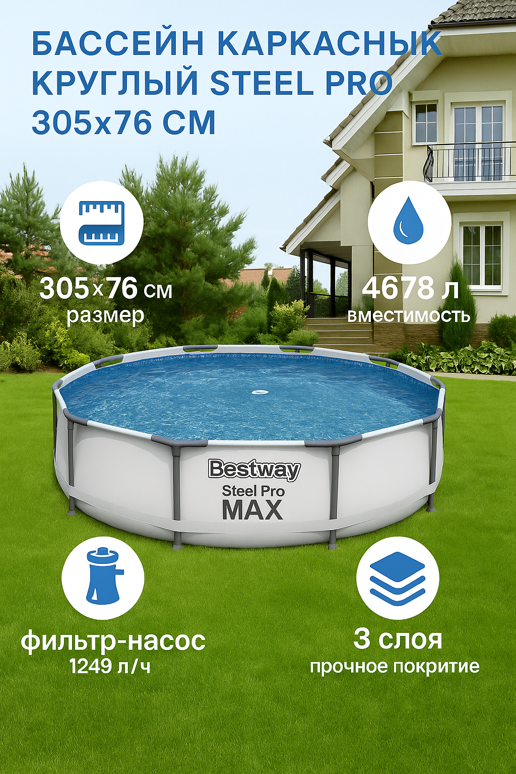 Бассейн BESTWAY 56408 каркасный 305x76 см фильтр-насос в комплекте