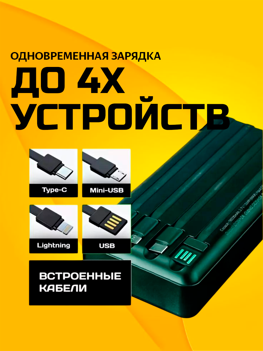 Внешний аккумулятор Power Bank 30000mAh с беспроводной зарядкой и встроенными кабелями — фото 1