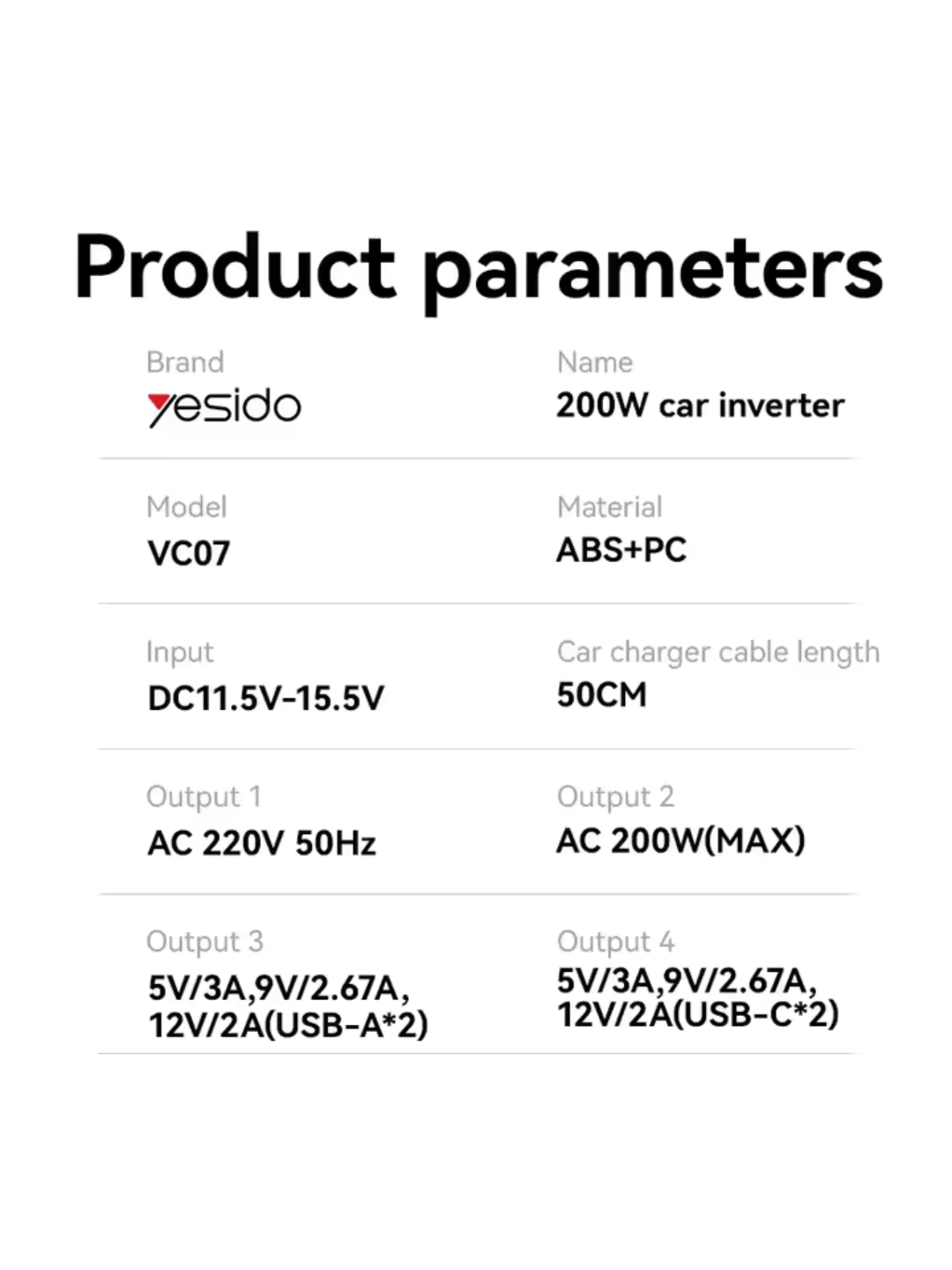 YESIDO бренд VC07 12 В до 200 В, USBQC3.0+TC PD быстрая зарядка, автомобильный инвертор — фото 1