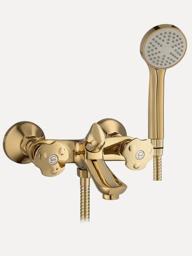 Изображение товара Смеситель для ванны с душем, с коротким монолитным изливом и душевым набором, цвет глянцевое золото